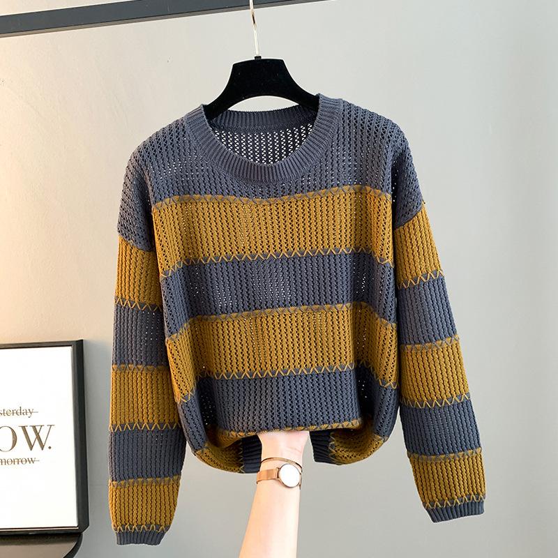 Wide Striped Long-sleeved Loose Round Neck Sweater for Women Spring and Autumn Thin Versatile Sweater