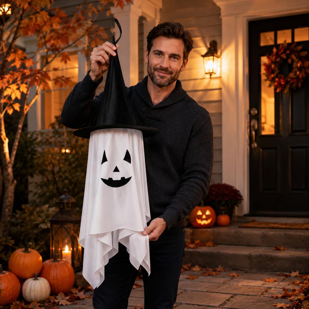 Halloween Hanging Ghost Decoration with Witch Hat Indoor Outdoor Party Ornament Hanging Ghost Figure for Event Venue Decoration
