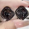 Black Geometric Diamond Stud Earrings with S925 Silver Needle - Japanese & Korean Autumn/Winter Collection for Women