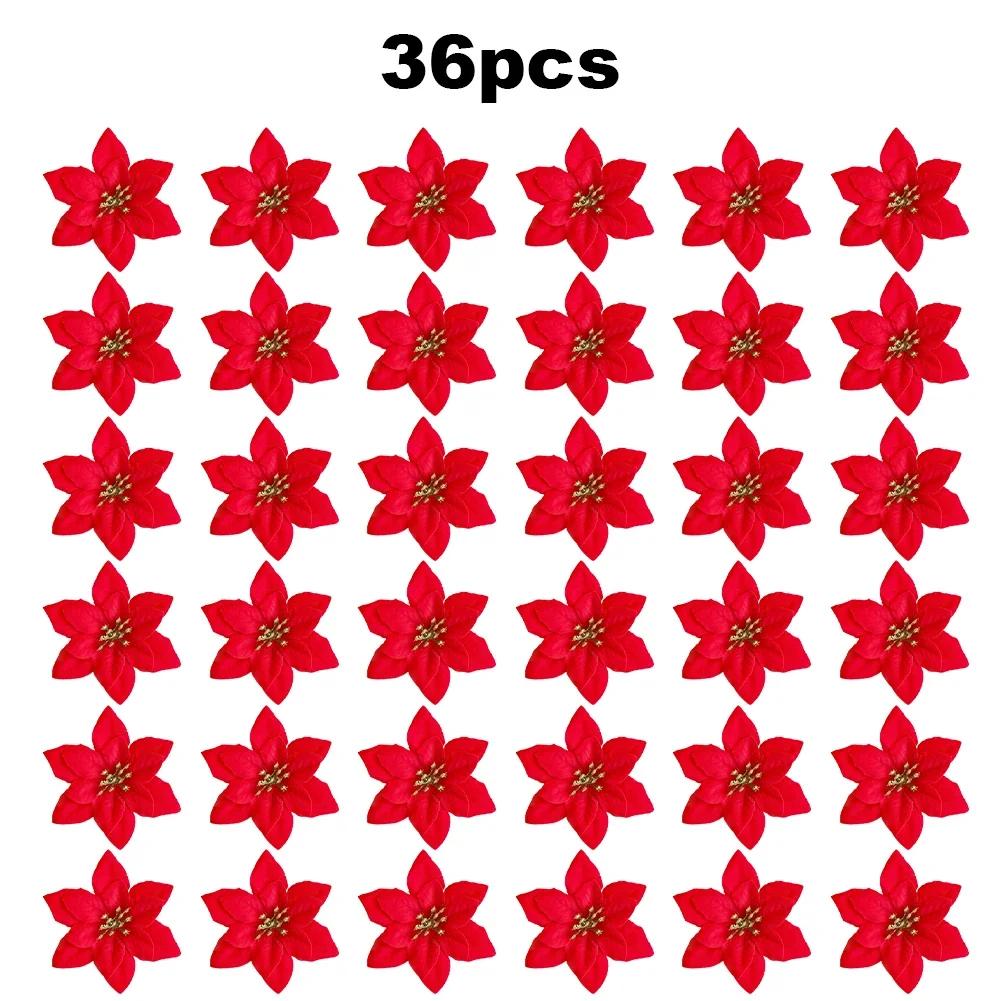 

36pcs Red Artificial Poinsettia Flowers with Glitter Finish for Christmas Tree Wreath and Holiday Event Decorations 13cm