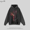 Mens Oversized Vintage Dog Print Washed Hoodie Loose Fit Streetwear Long Sleeve Cotton Hooded Sweatshirt