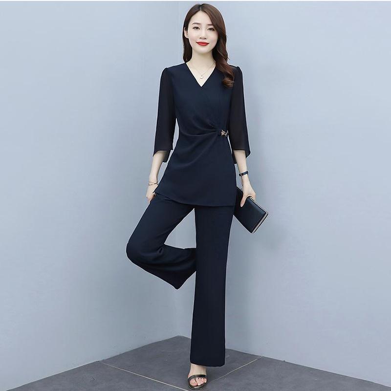 Solid Color Wide-leg Pants Suit Women's Summer Chiffon Temperament Professional Leisure Two-piece Fabric Light and Breathable
