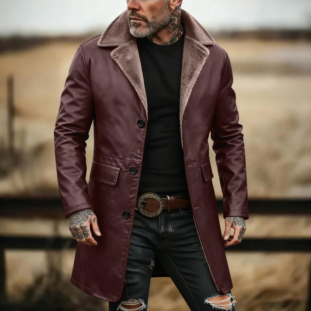 Pánská jednobarevná pracovní bunda s knoflíky a kapsami plus sametová kožená bunda Pánský ležérní dlouhý kabát