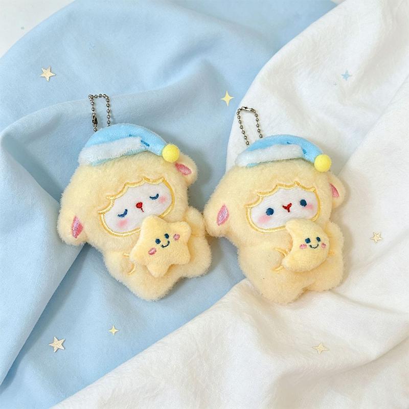 1Pcs Adorable Fluffy Lamb Plush Keychain Sleep Hat Star Moon Ornament Cute Bag Charm for Daily Use