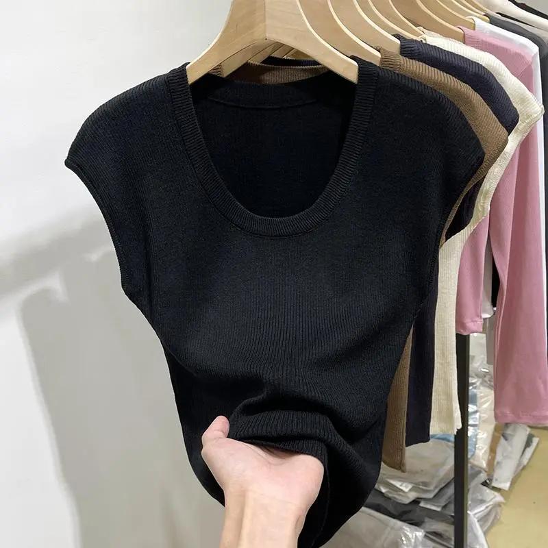 

Women s Spring and Summer U-neck Slim Thin Ice Silk Knit Shirt Solid Colour Simple Commuter Breathable T-shirt 3XL чорний