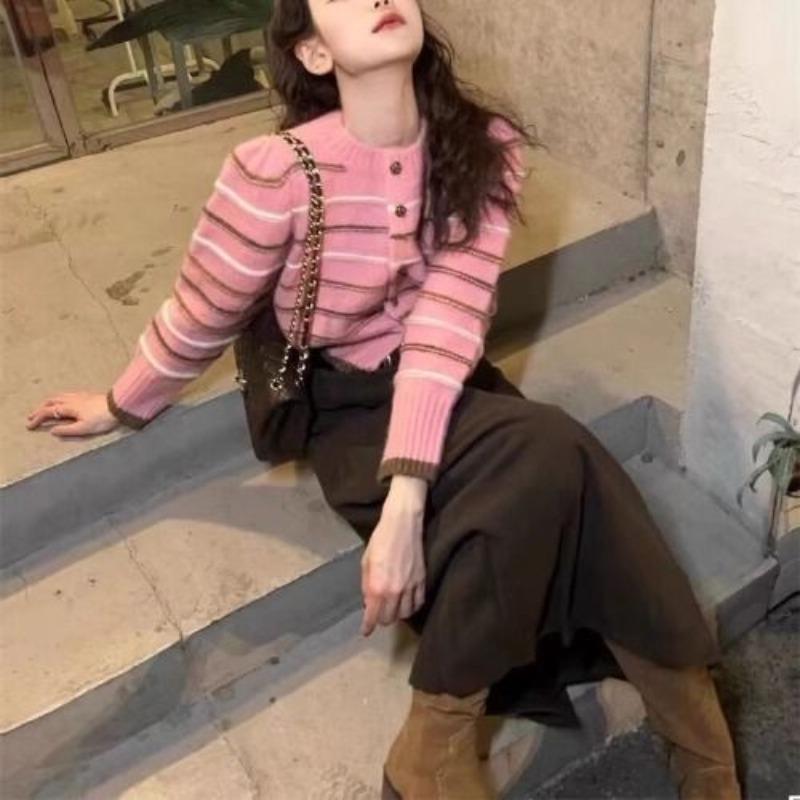 Cardigan Kontrast Stripete Genser Frakk Dame Vår og høst 2023 Løs koreansk versjon Lazy Knit Genser Cardigan Dame Topp