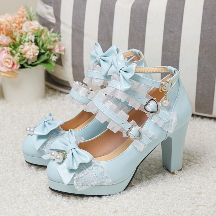 New sweet bow Lolita lace candy shoes thick high heel single shoes large size shoes