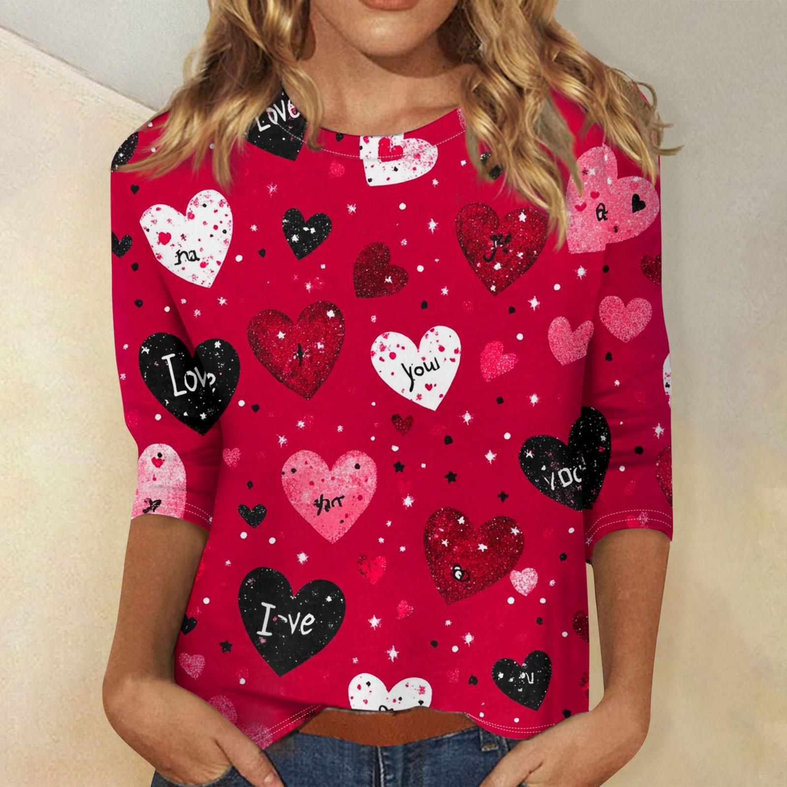 

Женские топы с рукавом три четверти, рубашка на День святого Валентина, круглая горловина, свободная повседневная рубашка XL красный