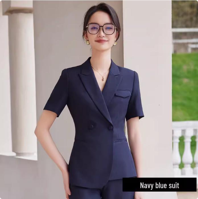 Navy Blue Summer 2024 Women's Short-Sleeve Casual Suit Set - Two-Piece for Teachers