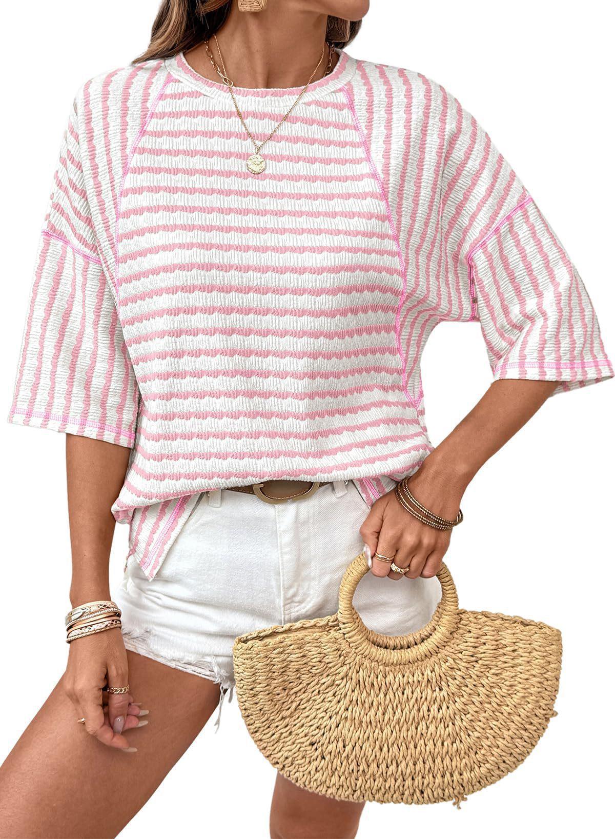 Women S Striped Mid Sleeve Round Neck Pullover T Shirt Summer Casual Loose Fit S розовый