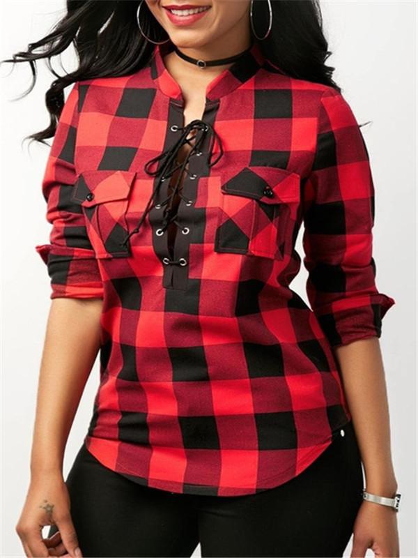 Lace Up Front Blouse Sexy V-neck 