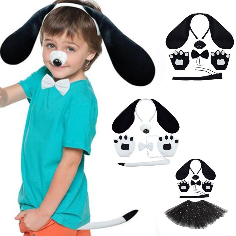 Akcesoria do Kostiumu Psa Opaska na Głowę z Uszami Psa Nos Ogon Mucha Rękawiczki i Spódniczka, Dziecięcy Kostium Zwierzęcia na Halloween