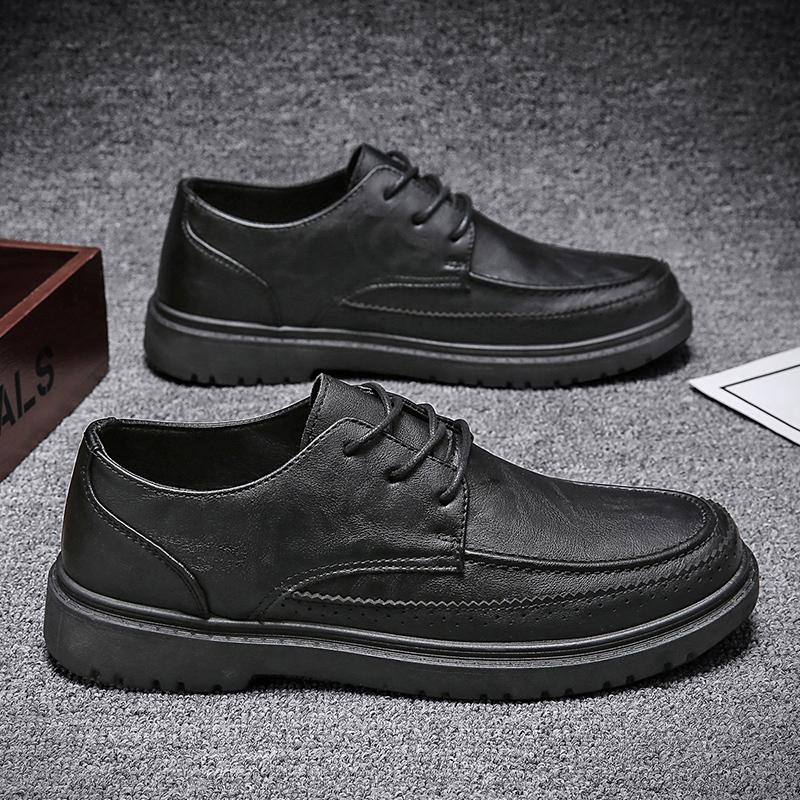 

Fashion Classic Black Leather Casual Shoe with Men Textured Upper and Lace Up Design Low Cut Ankle Business Casual Style Jeans Companion 39 чёрный