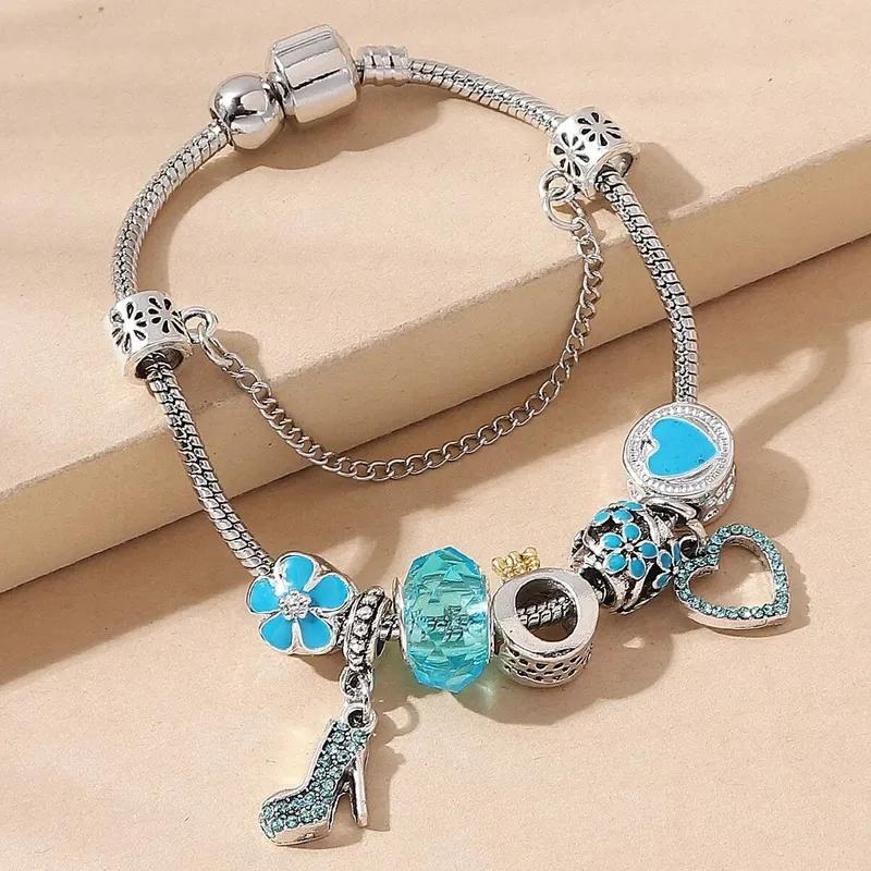 

1 Women s Pan Family DIY Multi Element Bracelet with Diamond High Heels Peach Heart Pendant and Snake Bone Chain Bracelet