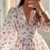 Spring Summer Women Floral Print Mini Dress High Waist A-Line Autumn Long Sleeve V-neck  Dresses Vintage Beach Vacation Casual Vestidos