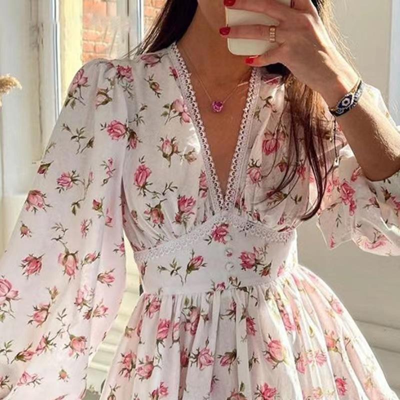 Spring Summer Women Floral Print Mini Dress High Waist A-Line Autumn Long Sleeve V-neck Dresses Vintage Beach Vacation Casual Vestidos