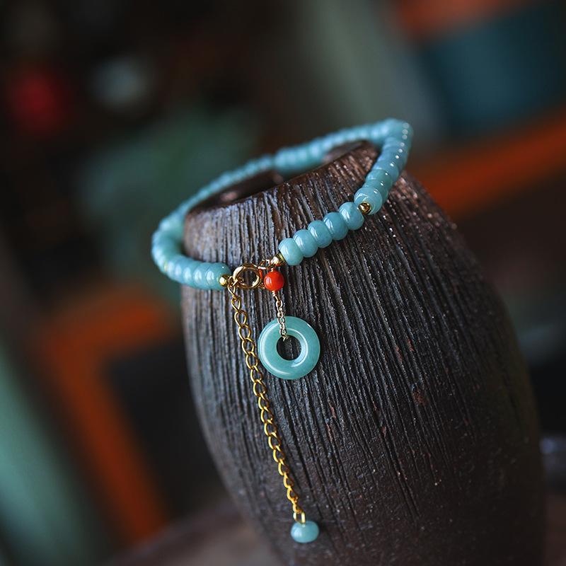 Blue Water Jade Abacus Bead Bracelet with Silver  Red Safety Buckle Pendant