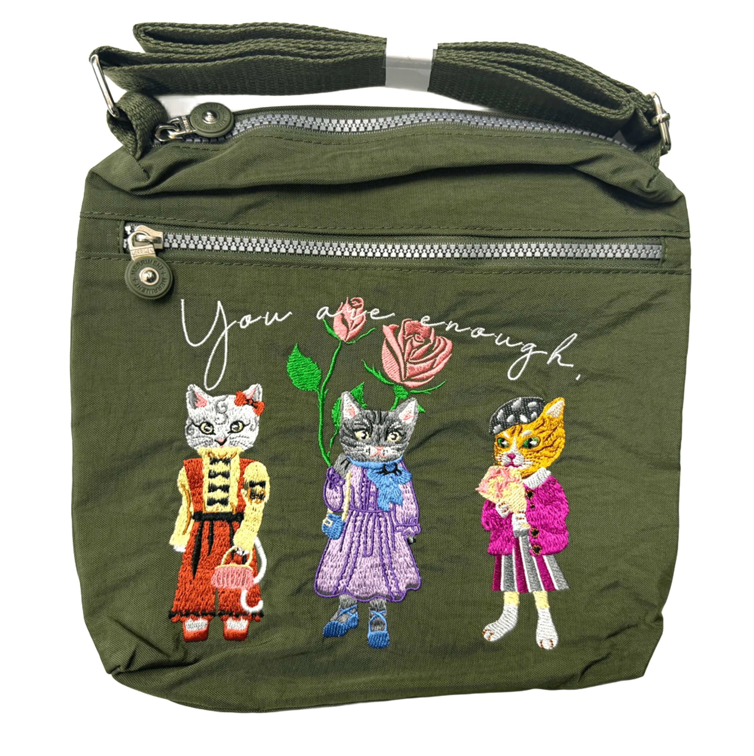 

Cat Embroidered Shoulder Bag for Women, Lightweight Nylon Crossbody Bag with Multiple Storage Pockets, Travel Bag (Green)