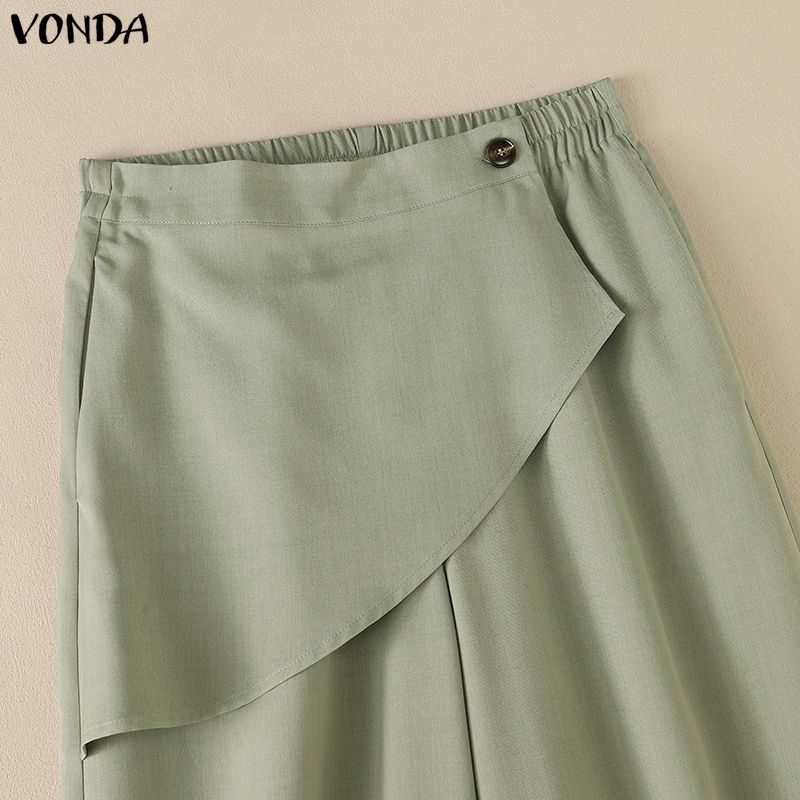 VONDA Womens Casual Asymmetrical Flap Back Elastic High Waisted Wide Leg Trousers Loose Fit Palazzo Pants