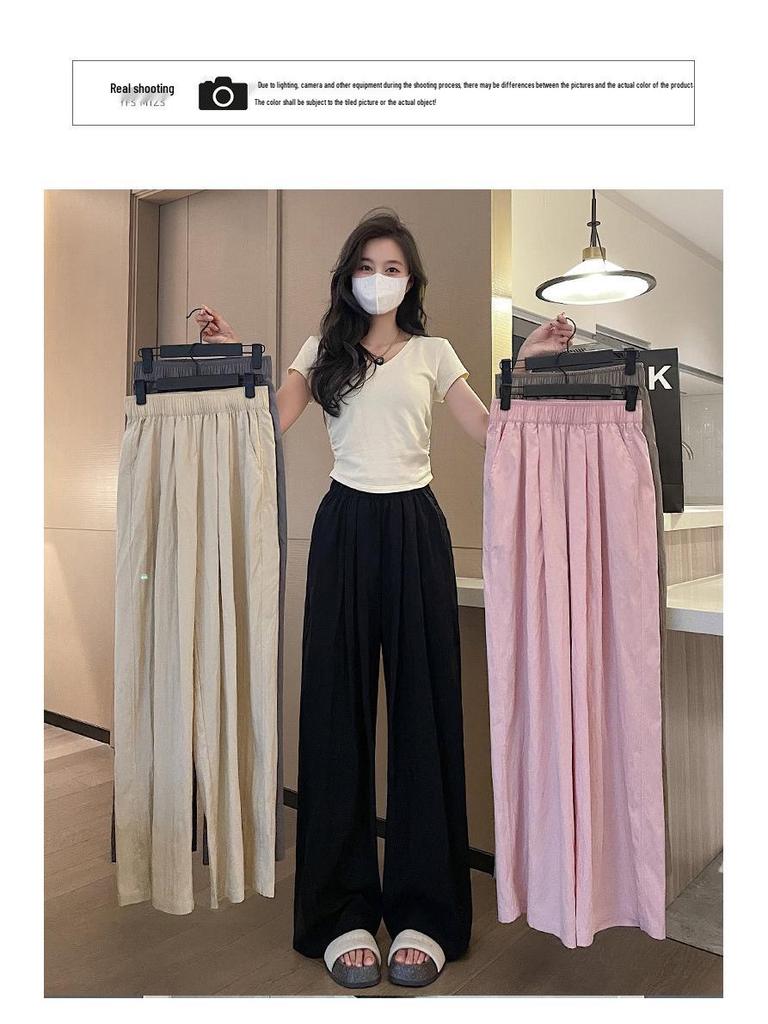 Women's Summer Blue Wide-Leg Ice Silk Pants - Casual Pleated Zen Style
