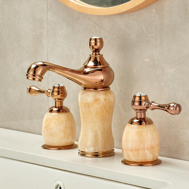 Basin Faucet Gold Brass Jade Bathroom Sink Faucet 3 Hole Widespread Basin Mixer Double Handle Hot And Cold Water Tap New Arrival