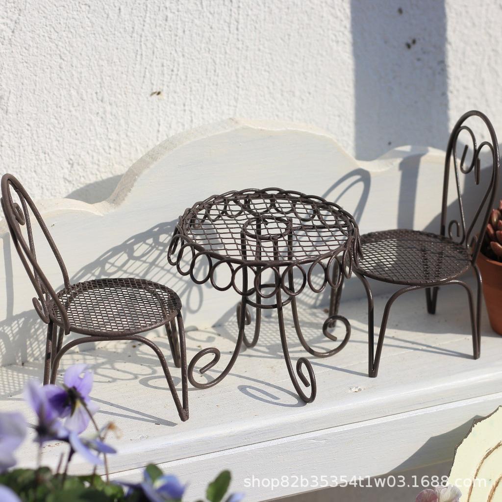 Trending 1:12 Dollhouse Garden Furniture, Metal Table & Chairs + Sun Umbrella, Aesthetic Mini Balcony Set