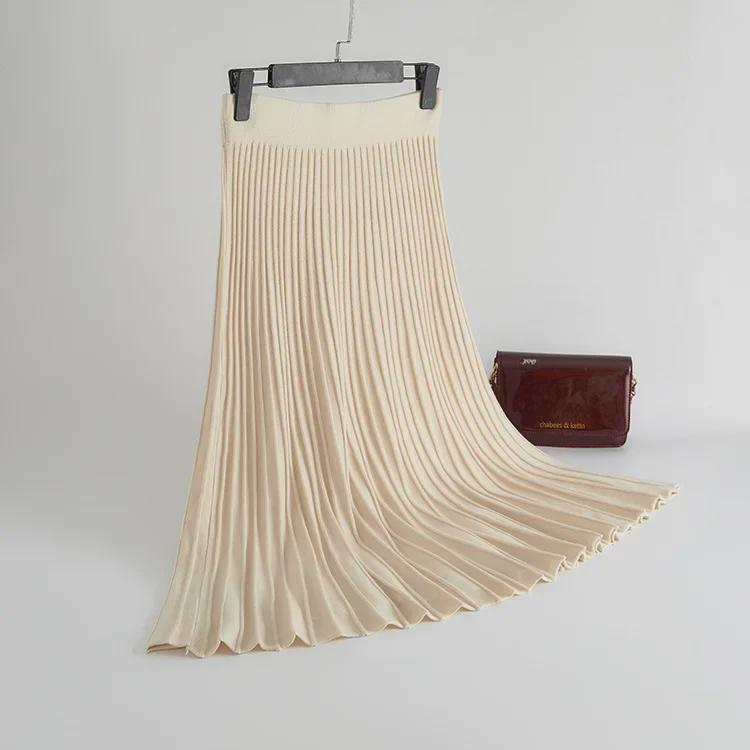 Autumn 2022 A-Line Knitted Midi Skirt: Lu Gong Style Flared Slimming Skirt with Pleats