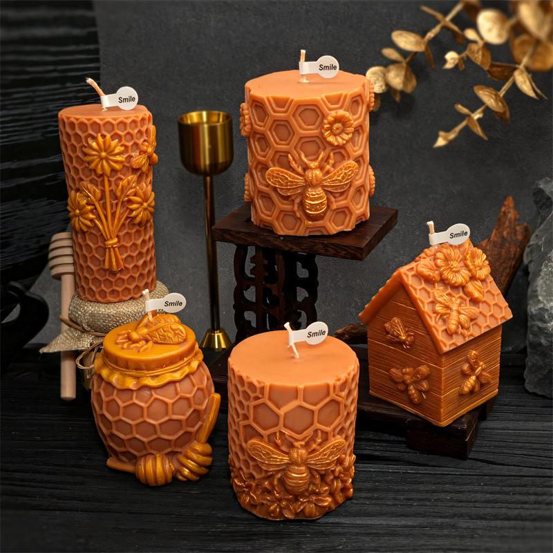 3D Honeycomb Column Silicone Candle Mold DIY Flower Bee Honey Pot  Bee House Designs Candles Plaster Crafts Cute Home Decor