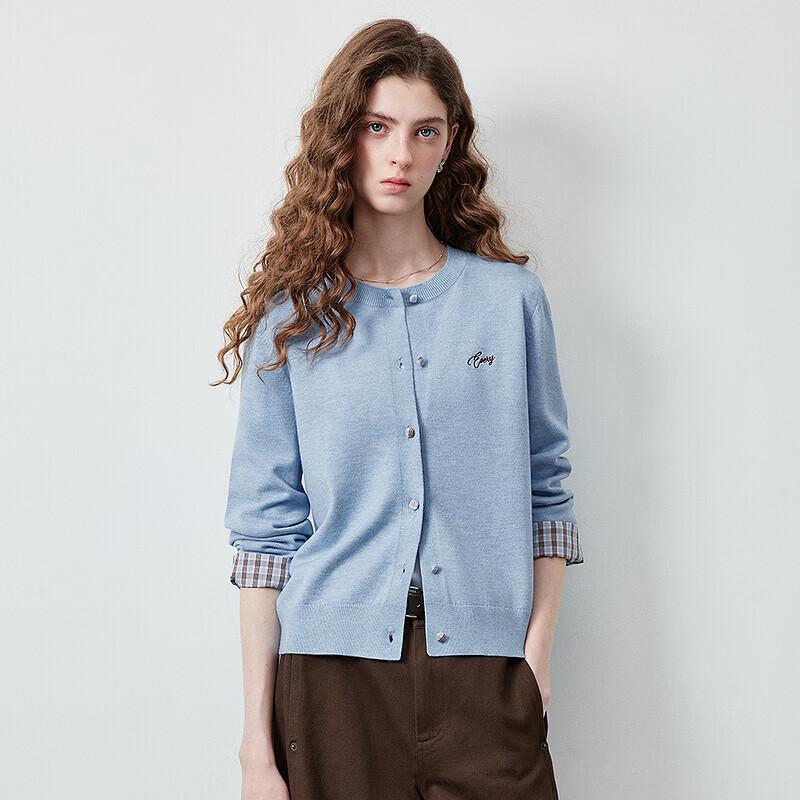 CHUYY Fall 2026 Crew Neck Knit Cardigan with Plaid Embroidery