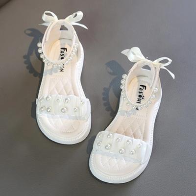 Sandálias infantis verão laço princesa sapatos para meninas moda doce crianças causal pérola sandálias romanas cor sólida gancho loop