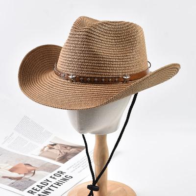 Womens Straw Western Cowboy Hat Foldable Wide Brim Summer Sun Hats Outdoor Vacation Beach Cowgirl Hat