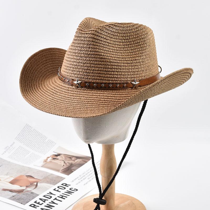 Womens Straw Western Cowboy Hat Foldable Wide Brim Summer Sun Hats Outdoor Vacation Beach Cowgirl Hat