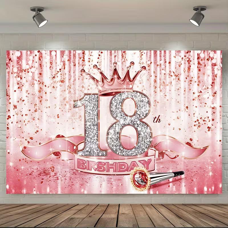 2D Pink Rose Gold 18th Birthday Backdrop Glitter Crown Photo Booth Banner 47.2x31.5inch/120*80cm