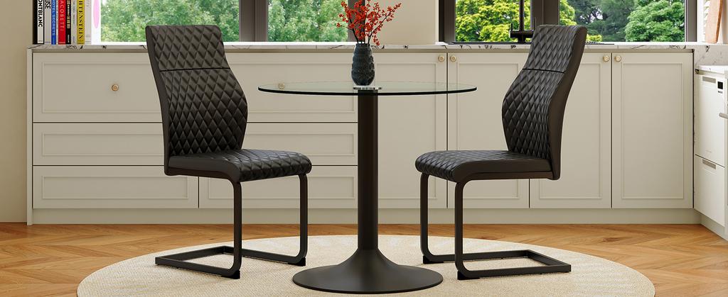 Table-Chair Set. Round Glass Table with 85 cm Diameter + 2 Black Chairs with High Backrest and Diamond Quilting made of PU