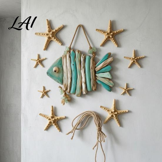 Handmade Driftwood Fish Wall Decor Rustic Coastal Hanging Ornament with Sea Glass Distressed Blue White Decor Jute Rope Bohemian Beach Style Art for