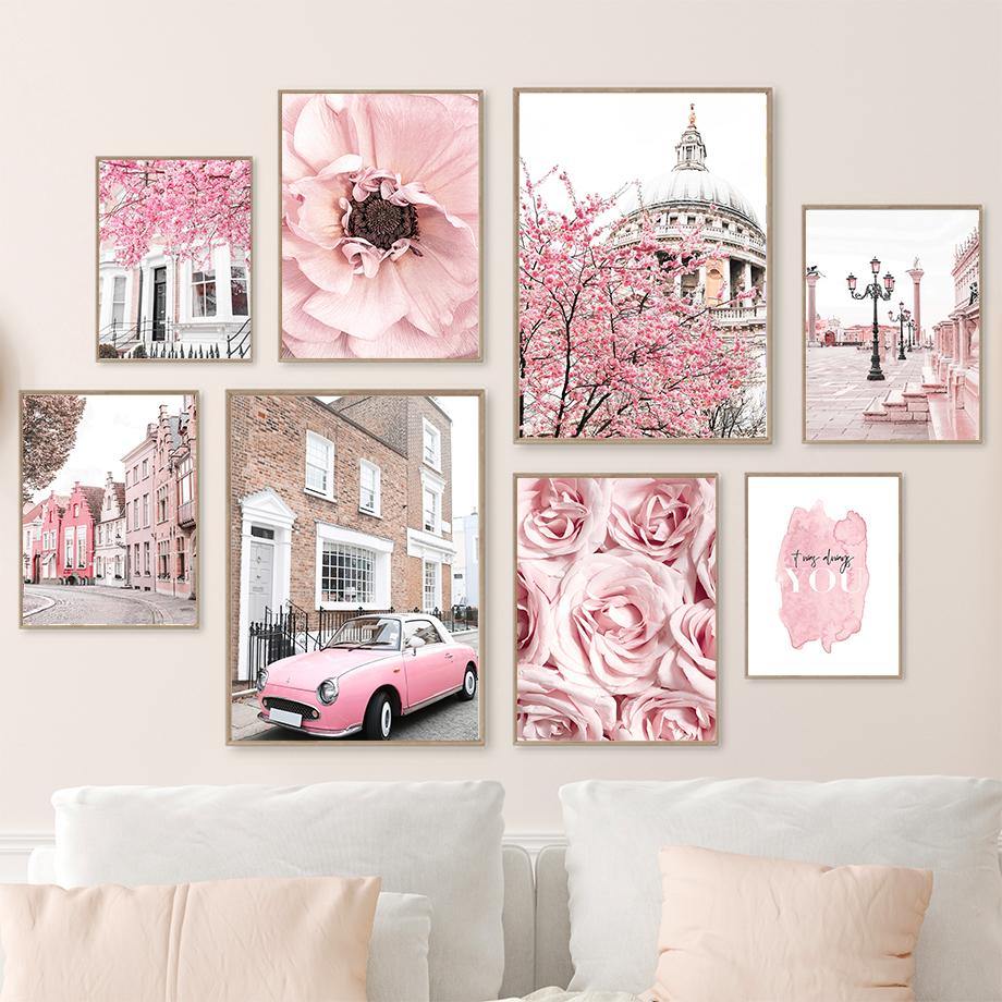 Pink Paris Building Car Cherry Blossom Rose Wall Art Canvas Painting Nordic Landscape Posters Prints Pictures Living Room Decor