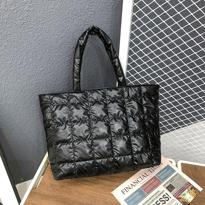 Nylon Waterproof Big Grid Soft High Capacity Shoulder Bag for Women 2025 Hit Winter Short Handle Padded Handbags Black