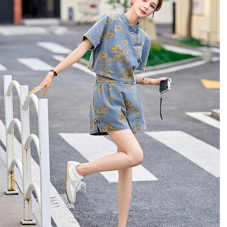 Set Gonna Denim Stile Cinese alla Moda Donna Estivo Stampa Floreale Completo Due Pezzi con Bottoni Nodo