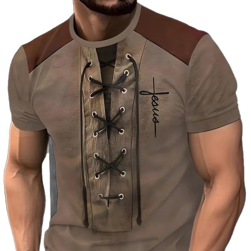 Sommar Rund Hals 3D Falsk Tvådelad Tryckt Topp Mode Casual Kortärmad Herr T-shirts