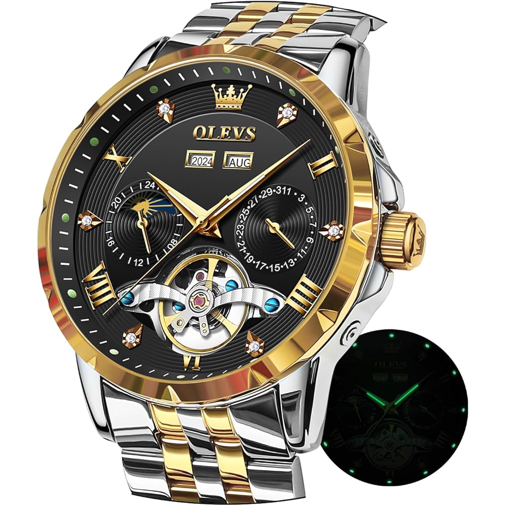 OLEVS Men s Automatic Mechanical Watch Moon Phase Skeleton Waterproof Luminous Black and Gold