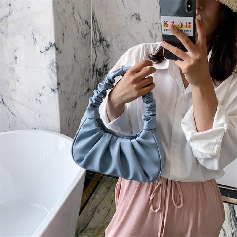 Fashion Pleated Handle Bags For Women Solid Color Cloud Bags PU Leather Shoulder Bags Armpit Bag Leisure Girls Small Tote Casual
