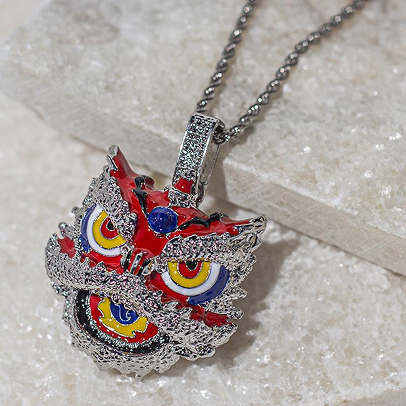 

Винтажный креативный кулон «Танец льва» в стиле хип-хоп, цветное ожерелье в виде головы льва из сплава, модные аксессуары