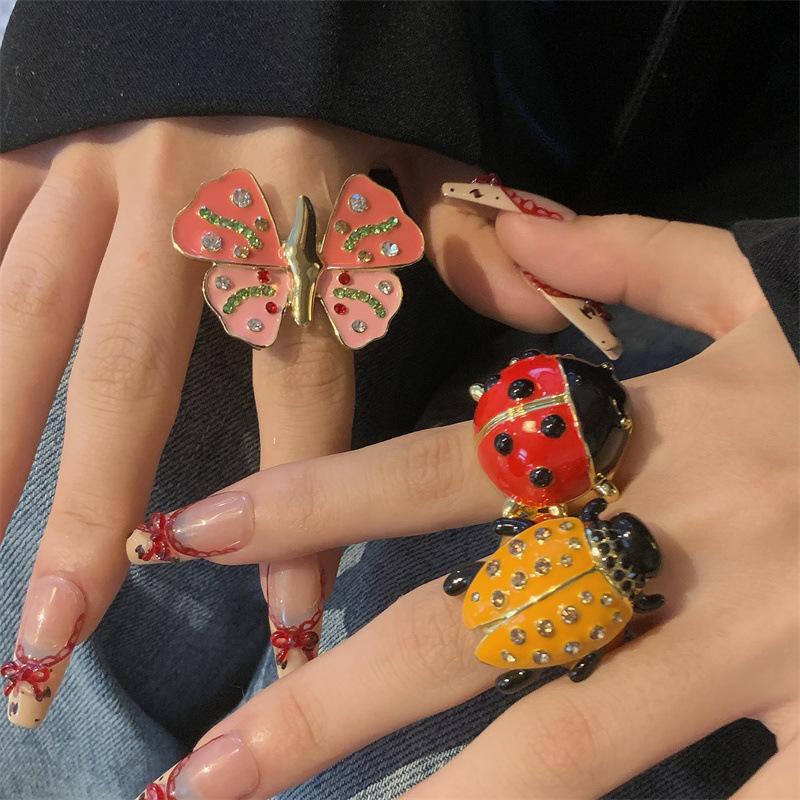Vintage Enamel Rhinestone Insect Ring Colorful Cute Butterfly Beetle Punk Y2K Jewelry for Women Accessories Party Gift
