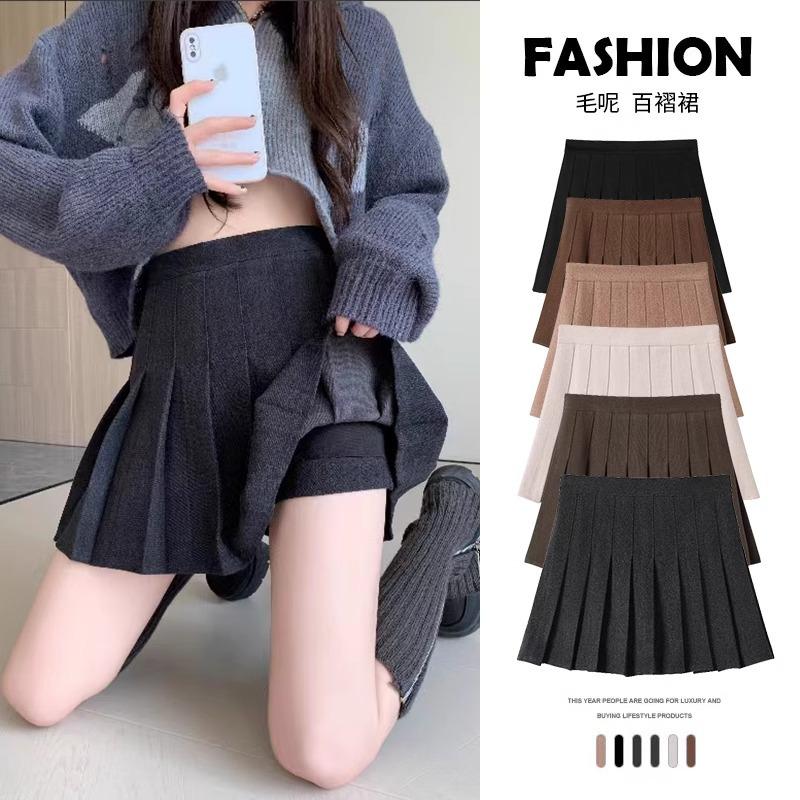 Women High Waist Wool Pleated Mini Skirt 2026 Fall Slim A-line JK School Style Anti-chafing Safety Liner Two Length Options