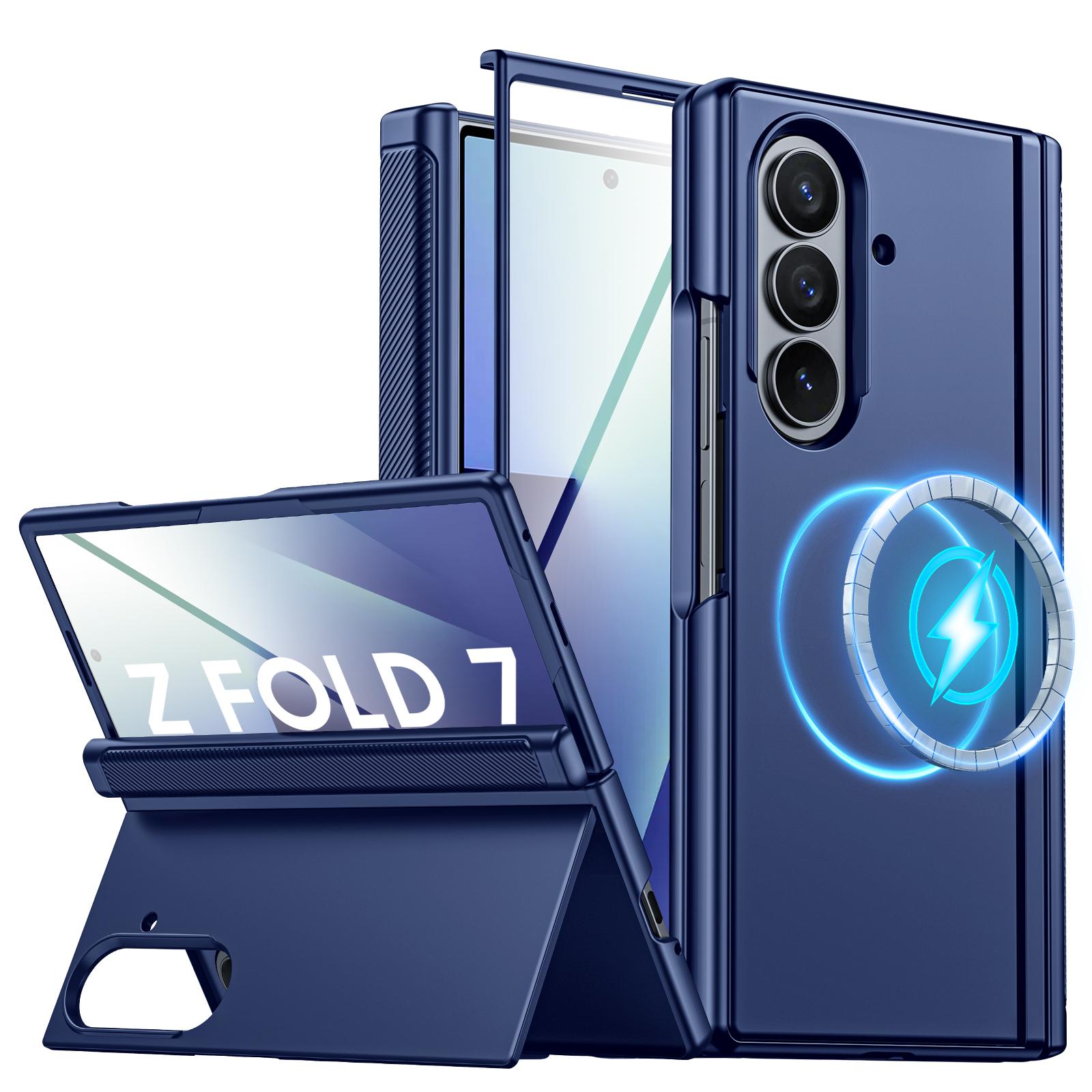 Для Samsung Galaxy Z Fold 7 с магнитной зарядкой [Скрытая подставка][Защитное стекло][Защита шарнира]Тонкий ударопрочный защитный чехол для телефона - Светло-синий синий