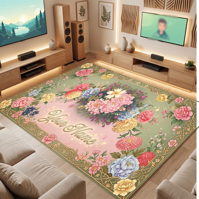Floral Garden Theme Crystal Velvet Floor Rug Personalized Custom Name Text Warm Carpet Home Decoration