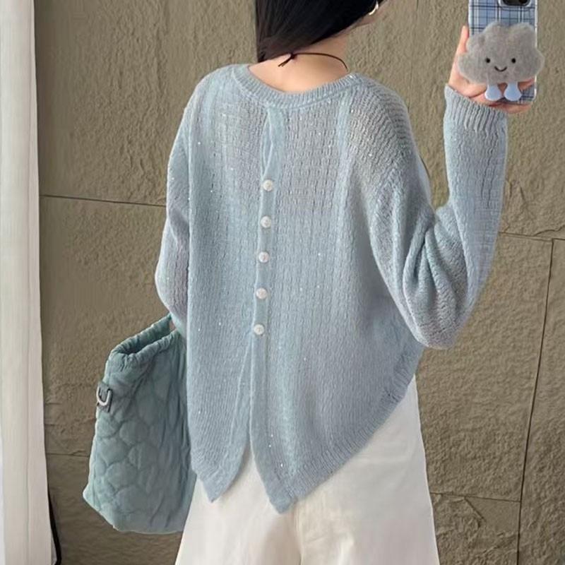 

Spring new back button design knitted blouse women s short bright silk thin sweater long sleeve hollow shirt average size светло-синий