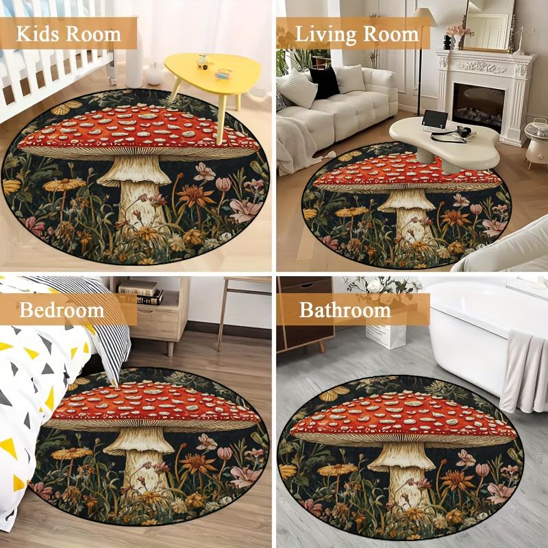 Luxurious Vibrant Mushroom Floral  Pattern Round Shape Floor Mats Kitchen Hallway Runner Rug Bedroom Living Room Soft Carpet Non-slip Area Rug