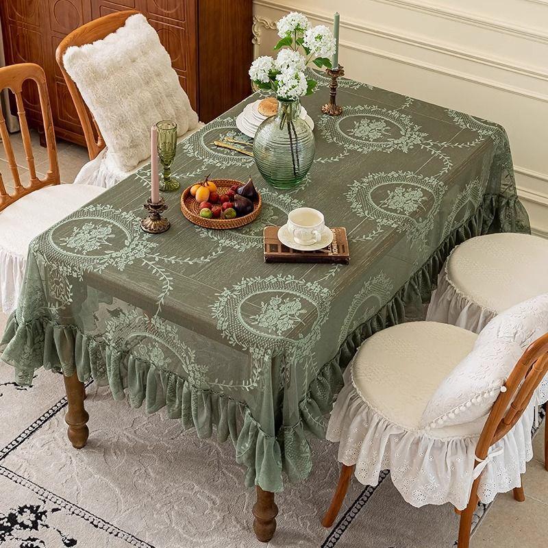 Floral Lace Polyester Tablecloth, Square French Vintage Lace Edge Design for Dining, Coffee Table & Party Decor