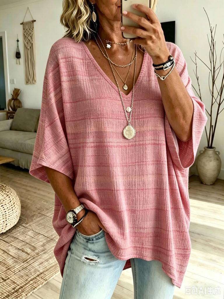 Women's Casual V-neck T-shirt, Oversized Half Sleeved Holiday Printed Top